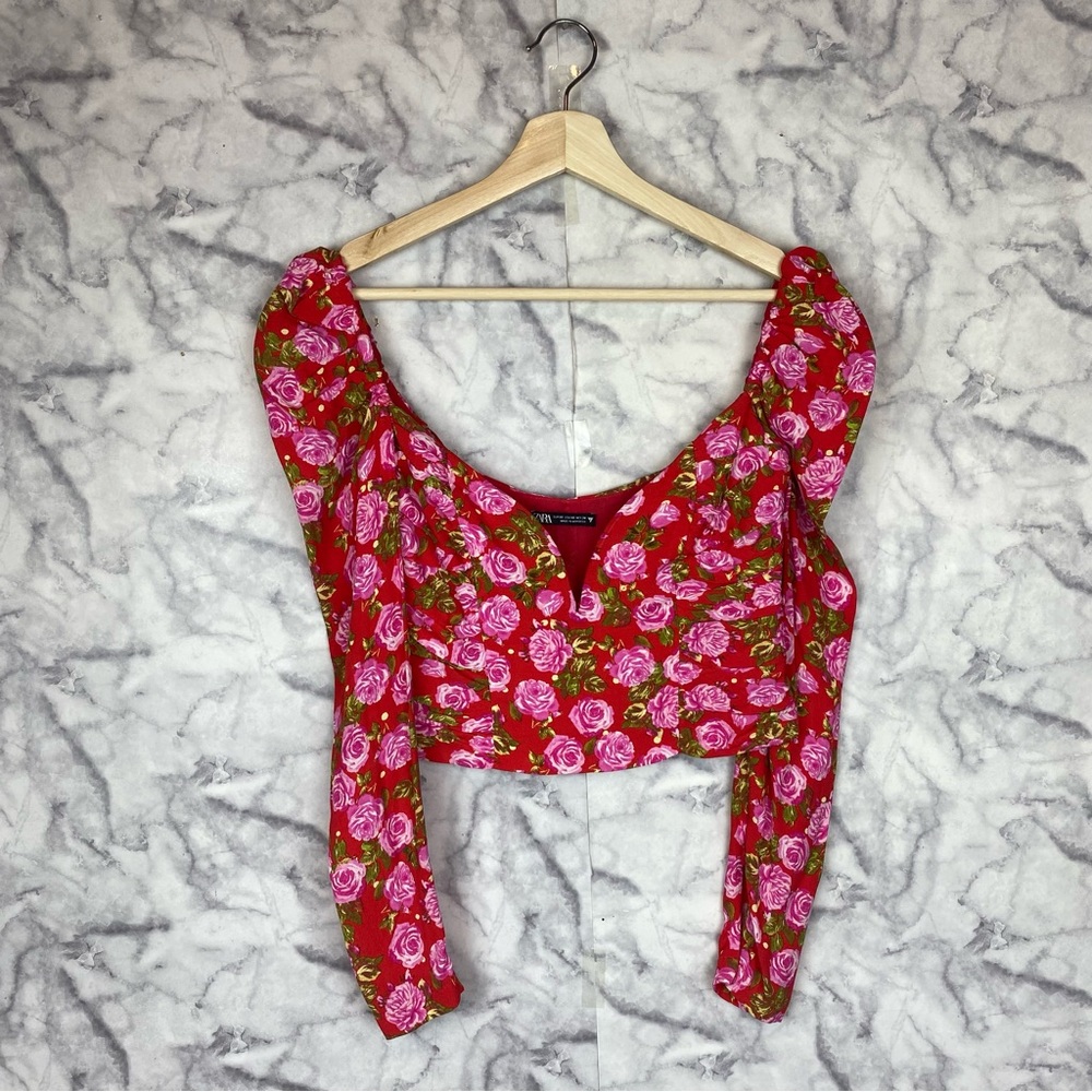 Zara Red and Pink Floral Blouse